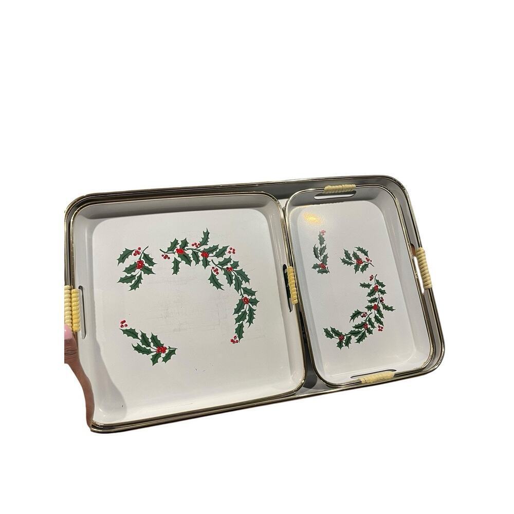 Vintage Holly Berries Serving Trays Set of 3 Nesting Holiday Trays Japanese - Picture 4 of 16